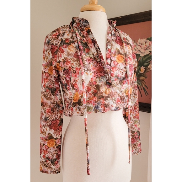 70s Floral Long Sleeve Tie Neck or Waist 1970s Feminine Bohemian Vintage Blouse - Picture 10 of 16